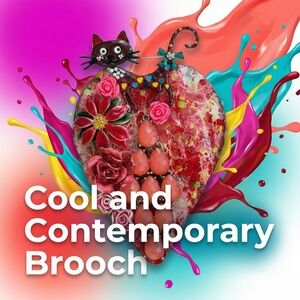 Colorful Cat and Floral 3D Handcrafted Brooch